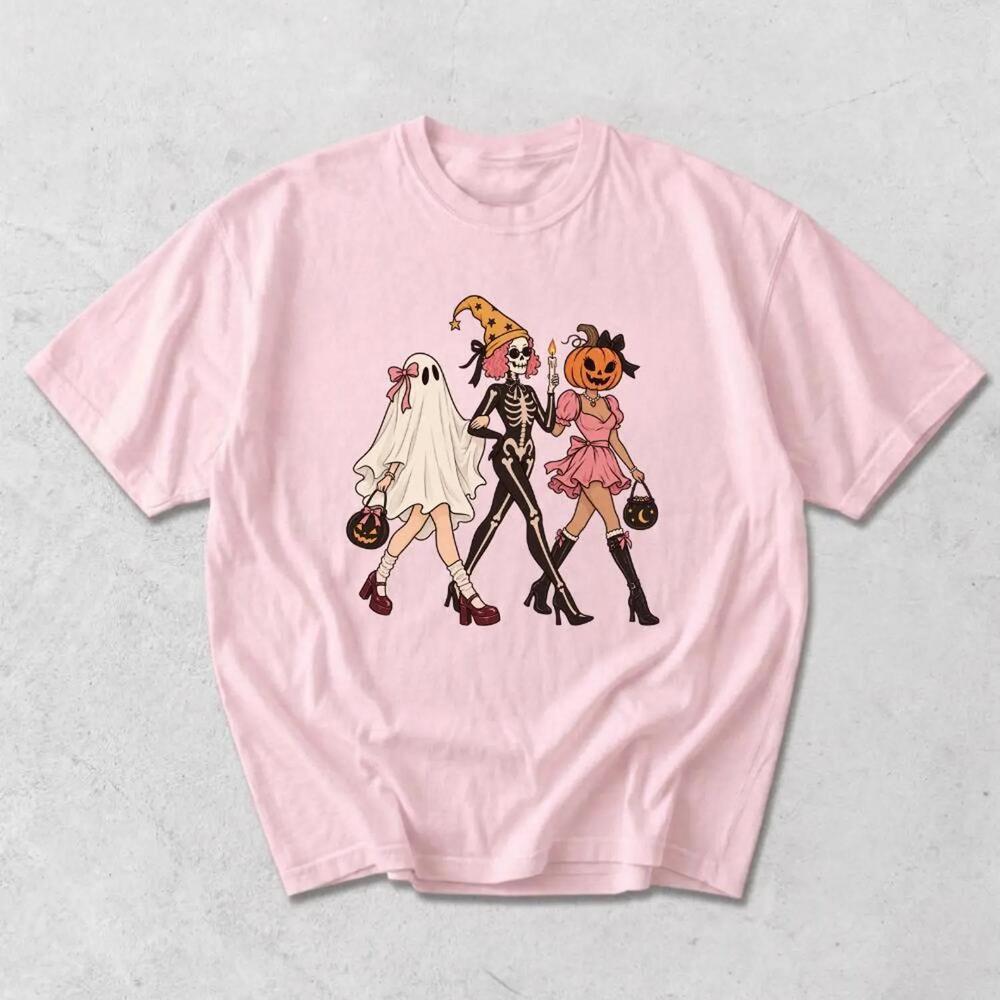 Halloween Ghouls Night Out Top Coquette Ghost Skeleton Pumpkin Graphic Tee